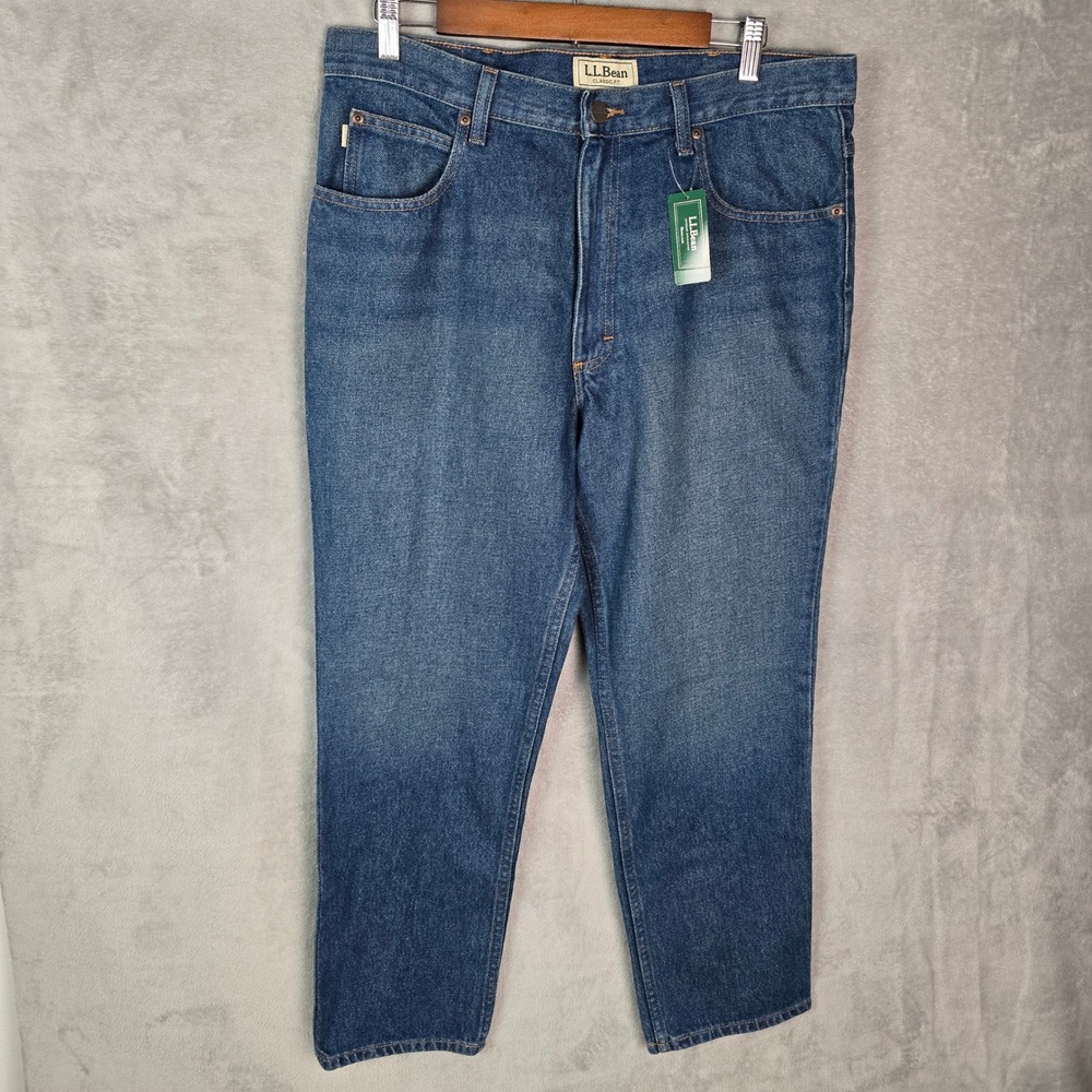 LL Bean Mens Classic Fit Jeans 35x28 Washed Indigo Blue Cotton Denim 220626
